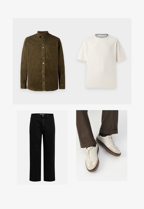 Knappe skjorte i mørk olivengrøn bomuld, med spids krave, enkelt brystlomme og rund kant med subtile stikninger.; Kremfarget bomulls T-skjorte med korte ermer, med rund halskant pyntet med marineblå og hvite striper. Glatt tekstur, avslappet passform.; Svarte denimbukser med rett benkutt, klassisk fem-lomme design og knappelukking i livet. Glatt tekstur og slitesterkt stoff.; Beige sneakers med teksturert semsket front, glatte skinnsider og en brun gummisåle. Snører og lys syddetalj inkludert.