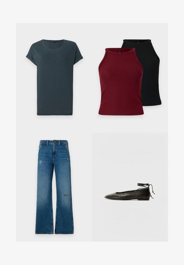 Tmavošedé tričko s krátkym rukávom, okrúhlym výstrihom, jemnou textúrou a vyrolovanými rukávmi, s jednoduchým, bezvýzdobným dizajnom.; Dva rebrované tielka: jedno burgundské a jedno čierne. Obe majú vysoký výstrih s priliehavým strihom a hladkou textúrou.; Modré denimové široké nohavice s vyblednutou textúrou, s dvoma poškodenými miestami na prednej strane, s uzatváraním na gombík a dizajnom s piatimi vreckami.; Čierne kožené baletky s špicatou špičkou, viazaním okolo členka a plochou podrážkou, s hladkou textúrou a minimalistickým dizajnom.