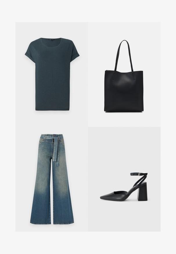 Mørkegrå kortermet t-skjorte med rund hals, myk tekstur og rullede ermer, med et enkelt, uforfinedet design.; Bredde ben jeans med en lyseblå til mørkeblå gradient, høyt liv, beltehemper og et matchende belte i samme stoff. Teksturert denimoverflate.; Svart lær pumps med spiss tå, ankelrem og kraftig hæl. Flat tekstur, strømlinjeformet design og minimalisme.; Svart lær tote bag med glatt tekstur, rektangulær form og to lange håndtak. Ingen synlige deler eller dekorasjoner.
