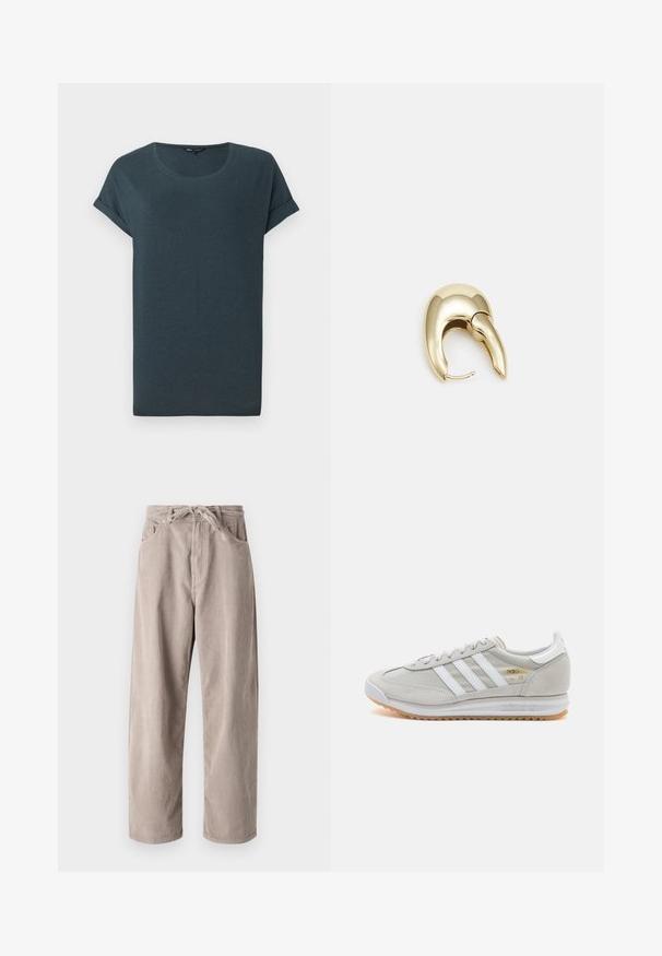 Tmavošedé tričko s krátkym rukávom, okrúhlym výstrihom, jemnou textúrou a vyrolovanými rukávmi, s jednoduchým, bezvýzdobným dizajnom.; Béžové kordové nohavice s voľným strihom, s elastickým pásom na šnúrku, dvoma prednými vreckami a vertikálnym ryhovaným vzorom.; Svetlosivé tenisky vyrobené z kože a sieťoviny, s tromi bielymi pruhmi, okrúhlou špičkou a gumovou podrážkou. Zlatý logový akcent pri šnúrkach.; Náušnice z kovu v zlatej farbe s elegantným, zakriveným dizajnom. Majú charakteristický špicatý tvar, leštený povrch a uzáver na pánt.