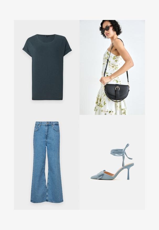 Temno siva majica s kratkimi rokavi in okroglo ovratnikom, mehke teksture in zavitimi rokavi, s preprostim, neokrašenim dizajnom.; Svetlo modri razširjeni džins hlače iz denima, z visokim pasom, petimi žepi in enim gumbom za zapiranje. Mehka tekstura z blagim zbledelim videzom.; Visoke pete s izostrenim nosom v svetlo modrem blagu z teksturiranim videzom, ki vključuje poudarek z mašnjo in trak okoli gležnja za varno prileganje.; Črna usnjena torbica s ukrivljeno obliko, z odstranljivo naramnico in zlatimi dodatki. Torbica ima pokrov s podrobnostmi v obliki zaponke.