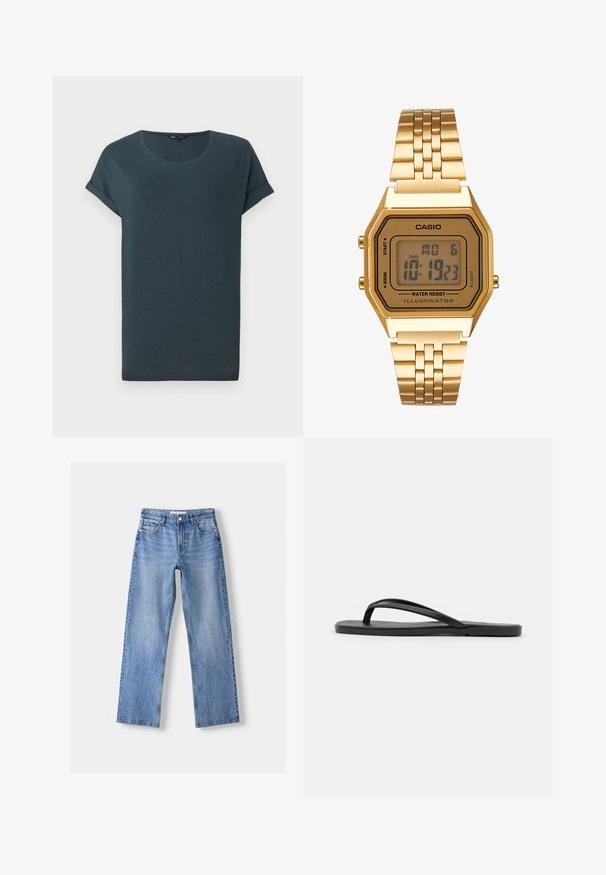 Mørkegrå kortærmet t-shirt med rund hals, blød tekstur og opsmøgede ærmer, med et simpelt, udekoreret design.; Lysblå denim jeans med lige ben design, der har fem lommer, en frontknaplukning og subtil falmning for tekstur.; Sorte flip-flop med et minimalistisk design, flad sål, smalle stropper og en glat tekstur. Ingen yderligere mønstre eller accenter.; Guld digitalt ur med rektangulært urglas, LCD-display, rustfrit stålarmbånd og knapper på siden. Har et vandtæt mærke.