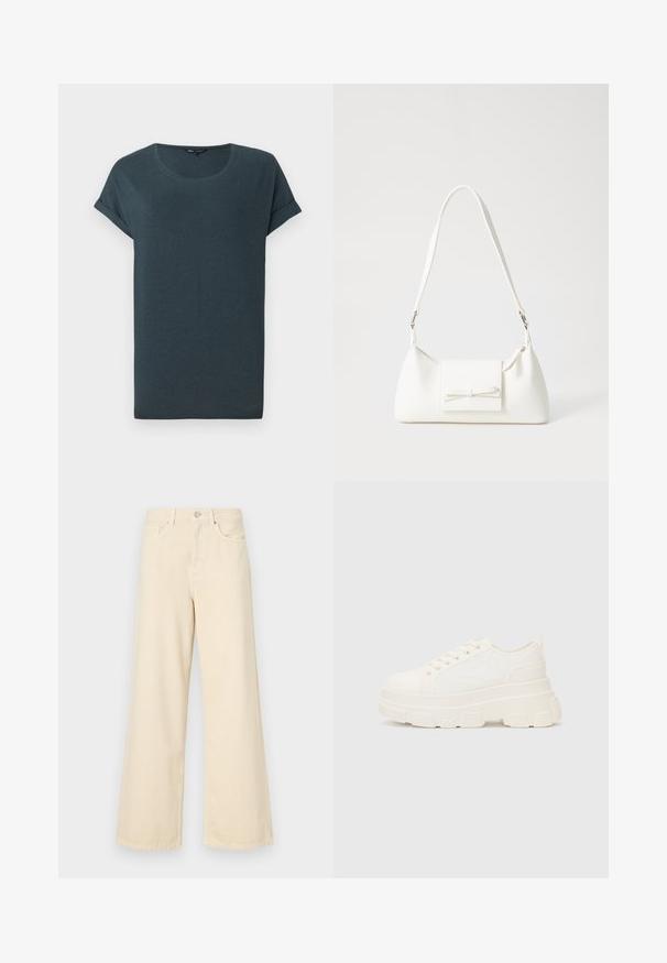 T-shirt curto de manga curta em cinza escuro com gola redonda, textura suave e mangas enroladas, apresentando um design simples e despretensioso.; Jeans de perna larga bege feitos de algodão. Apresentam um fecho de botão, passadores para cinto e bolsos frontais com uma textura lisa e suave.; Sapatilhas brancas em lona com sola espessa, biqueira arredondada e cinco ilhós para atacadores. Laço traseiro para calçar facilmente. Textura suave, design minimalista.; Mala sintética branca com formato triangular, aba frontal plana e detalhe de laço, alça ajustável, textura suave e design minimalista.