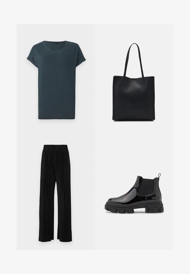 Czarna szara koszulka z krótkim rękawem, okrągłym dekoltem, miękką fakturą i podwiniętymi rękawami, z prostym, nieozdobnym wzornictwem.; Czarne spodnie plisowane z elastycznym paskiem w talii. Posiadają szerokie nogawki oraz gładki, teksturowany materiał z pionowymi paskami.; Czarne lakierowane botki typu Chelsea z elastycznymi panelami bocznymi, chunky teksturowaną podeszwą i tylną pętelką ułatwiającą zakładanie.; Czarna skórzana torba tote o gładkiej fakturze, prostokątnym kształcie i dwóch długich uchwytach. Brak widocznych elementów metalowych i ozdób.