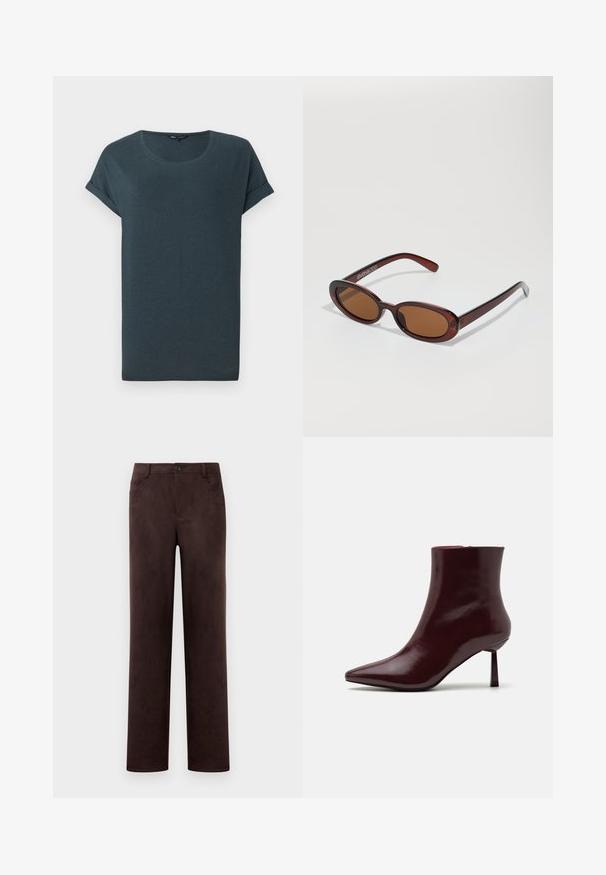 Tmavošedé tričko s krátkym rukávom, okrúhlym výstrihom, jemnou textúrou a vyrolovanými rukávmi, s jednoduchým, bezvýzdobným dizajnom.; Rovné nohavice z tmavo hnedého semišu so zapínaním na prednom gombíku a zips, pútka na opasok a bočné vrecká.; Burgundské lakované kozačky po členky s špicatou špičkou a štíhlým stiletto podpätkom, s hladkou, lesklou textúrou a minimalistickým dizajnom.; Okrúhle slnečné okuliare s hnedým nádychom a lesklým burgundským rámom. Úzke ramená s jemným brandovaním. Plochej šošovky dizajn.; Tkaná bordová kabelka s zaobleným tvarom a jedným uchom, so štruktúrovaným povrchom a elastickým sťahovaním na zavretie.
