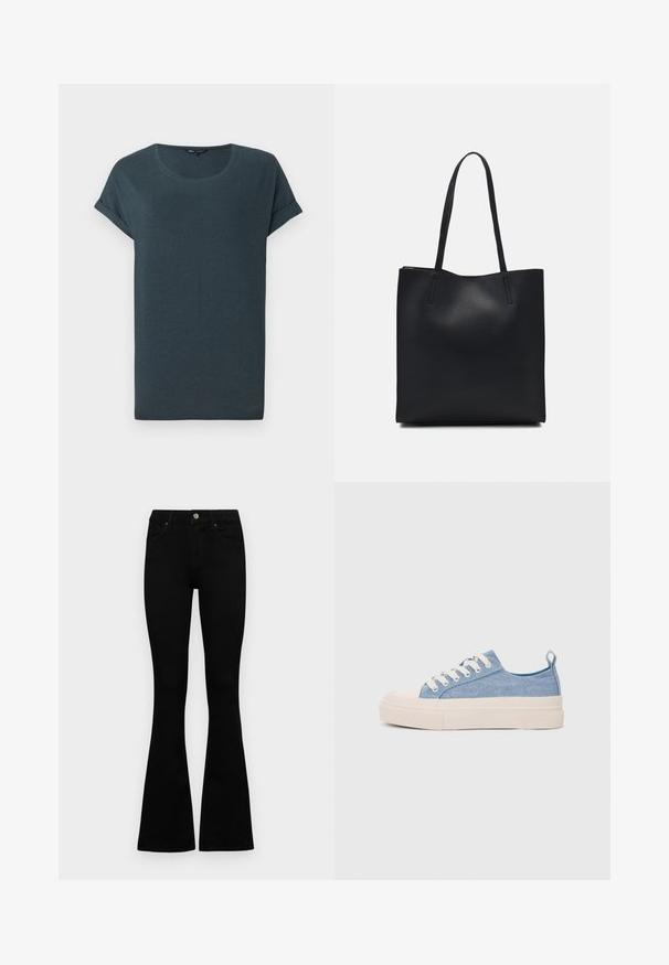 Tumehall lühikeste varrukate ja ümmarguse kaelusega T-särk, pehme tekstuuriga ja rullitud varrukatega, millel on lihtne ja ilma kaunistusteta disain.; Mustad kõrge vöökohtadega teksad, millel on nööp ja lukuga sulgemine, esikäe taskud ja laienevad sääred, asetatud tasasele valgele taustale.; Heledad sinised kangast tennisekingad koorevärvi kummist varbakatte ja taldaga, millel on valged paelad ja tõmblukk kandadel.; Mustast nahast kott sujuva tekstuuriga, ristkülikukujuline ja kahe pika sangaga. Pole nähtavat riistvara ega kaunistusi.