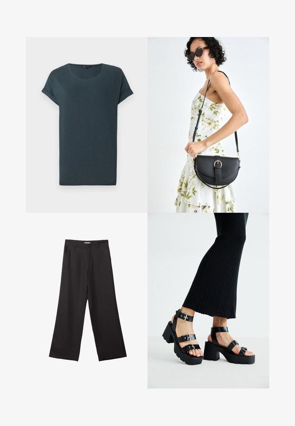 Mørkegrå kortærmet t-shirt med rund hals, blød tekstur og opsmøgede ærmer, med et simpelt, udekoreret design.; Sorte bukser med vidde, lavet af glat stof, med en frontlynlås og to sidelommer, i en skræddersyet pasform og minimalistisk design.; Sorte platfromsandaler med kraftige, skridsikre såler og flere stropper, der har metalspænder og en glat læderlignende tekstur.; Sort læderhåndtaske med en buet form, aftagelig rem og guldfinish. Tasken har en klap med en spænde detalje.