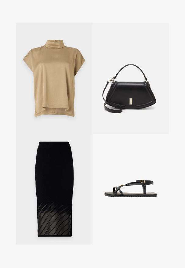 Beige toppi korkealla kauluksella, lyhyillä hihoilla ja rennolla istuvuudella. Pehmeä kangas, sileä pinta ja pidempi takasivun helma.; Musta hame, jossa on ribbikuviointi ja läpinäkyvä alaosa, jossa on vaakaraitoja. Suunnittelu on istuva ja ulottuu puoliväliin pohkeita.; Mustat nahkasaappaat, joissa on ohuet hihnat ja soljellinen nilkkahihna. Tasainen pohja tekstuurilla ja sahalaitareunalla. Minimalistinen muotoilu.; Mustalla nahkalaukulla, jossa on jämäkkä muotoilu, lyhyt malli, yläkahva ja kultaiset yksityiskohdat. Säädettävä olkahihna sisältyy.