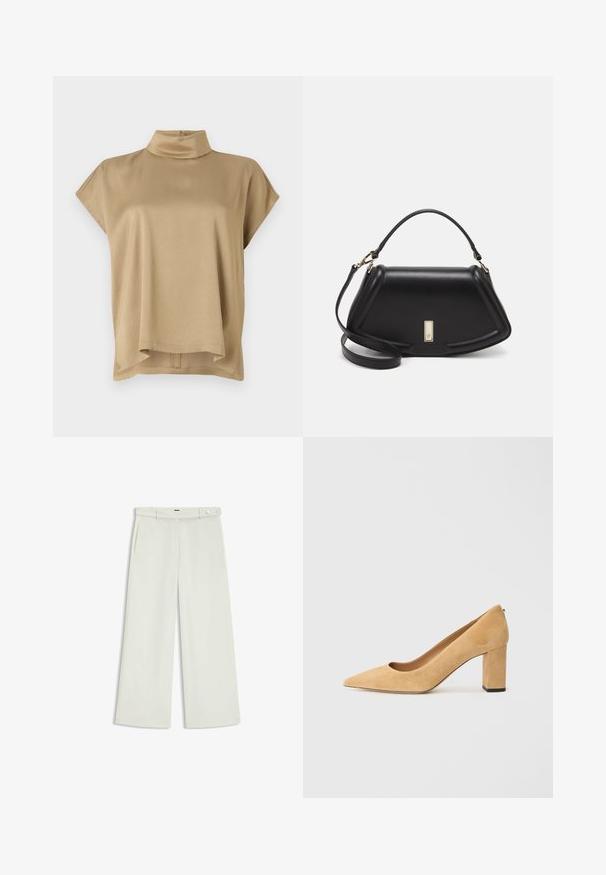 Beiges Oberteil mit hohem Kragen, kurzen Ärmeln und lockerer Passform. Weicher Stoff, glatte Textur und ein längerer hinterer Saum.; Weite Hose aus zartem Creme-Stoff, mit seitlichen Taschen, flatem Bund und einer Knopfverschluss an der Taille. Glatte Textur.; Beige Wildleder-Pumps mit hohem Absatz, spitz zulaufend und mit einem klobigen Blockabsatz. Das Material hat eine weiche Textur mit einer glatten Oberfläche.; Schwarze Lederhandtasche mit einem strukturierten Design, das eine verkürzte Form, einen oberen Griff und goldfarbene Hardware-Details aufweist. Verstellbarer Schulterriemen ist enthalten.