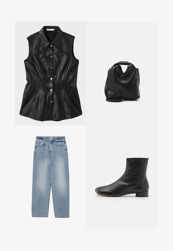 Mustat nahkainen hihaton paita, jossa on terävä kaulus, pystysuorat ompelusaumat ja nepparilla toimiva etusulku.; Vaaleansiniset farkut, joissa on väljä malli, suora lahjetyyli, viisi taskua ja napitus vyötäröllä. Sujuva pinta.; MM6 Maison Margiela BOOT - Klassiset nilkkurit - black; Mustan, pehmeän nahkabagin ainutlaatuinen kierretty muotoilu. Varustettu lyhyellä kahvalla ja irrotettavalla olkahihnalla. Minimalistinen tyyli.