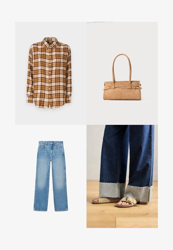 Karirana srajca v rjavih, smetanastih in gorčičnih odtenkih; z gumbi na ovratniku; dolgi rokavi; mehak material s karirastim vzorcem.; Svijetloplave traperice ravnog kroja, s dizajnom od pet džepova i suptilnim blijeđenjem. Imaju kopčanje na gumbe i patentni zatvarač u struku.; Noge v bež Birkenstock sandalih z zlatimi zaponkami, v kombinaciji s temno modrimi kavbojkami, zavihanimi pri robovih, stojijo na lesenem tleh.; Torba iz bež sued kožne teksture z dvema dolgima ročajema, pravokotne oblike in okrasnim šivanjem. Ima stranski trak in subtilne zlate detajle.