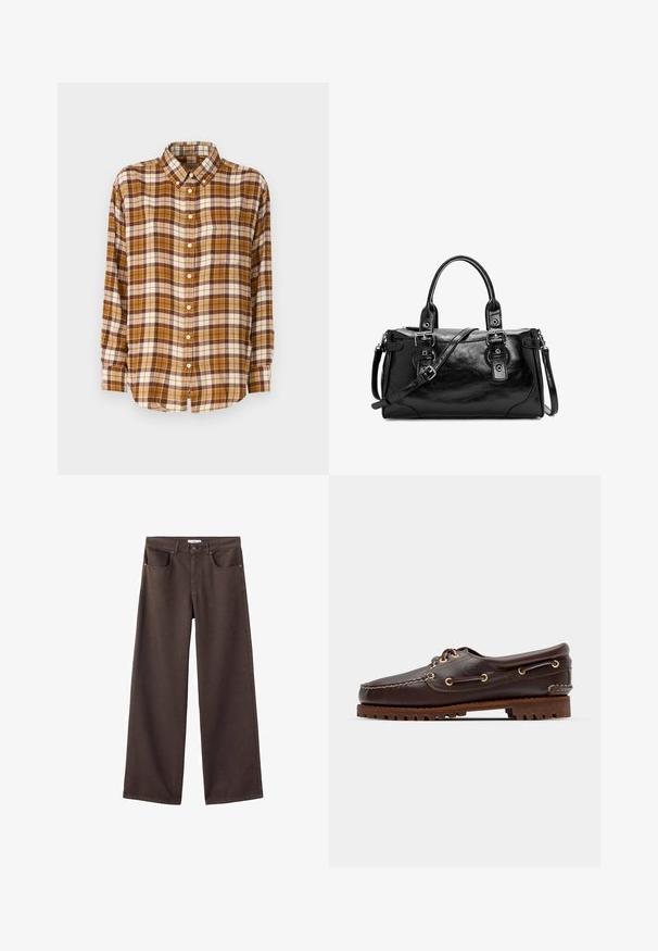 Geruite shirt in bruine, crème en mosterdtinten; met knoopsluiting bij de kraag; lange mouwen; zacht materiaal met een ruitpatroon.; Brede denim broek in donkerbruin, met voorzakken, een standaard tailleband en een klassiek vijfzakkenontwerp. Zachte, stevige textuur.; Bruine leren bootsschoen met gouden oogjes, ronde veters en een gestructureerde bruine rubberen zool. Kenmerkt zich door gestikte details en een verhoogd logo.; Zwarte leren handtas met dubbele handvatten aan de bovenkant en een afneembare schouderriem. Kenmerken zijn gepolijst metalen hardware en gespaccenten. Gladde textuur.
