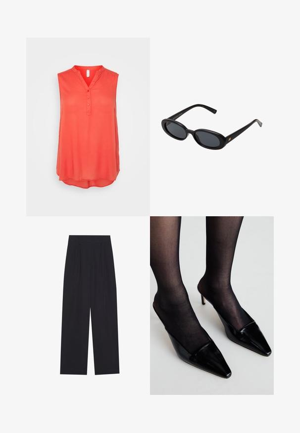 Koralna brezrokavna bluzica z V-izrezom, trojnim gumbom in ukrivljenim robom. Narejena iz lahkotnega, gladkega blaga. Brez vzorcev ali okrasnih elementov.; Črne široke hlače iz gladkega materiala, z naborki, ravnim pasom in brez vidnih žepov ali okrasitev.; Črne patentne mule s koničastim nosom in nizko obrobo. Imajo tanek peti in so kombinirane s črnimi prozornimi nogavicami.; Črne oversize sončne očala z ovalnimi lečami, gladkim plastičnim okvirjem in zlatenimi detajli na templjih. Temne leče zagotavljajo zaščito pred soncem.; Siva semiš torba z dvema temnima usnjenima ročajema. Ima šivane detajle na straneh, mehak tekstur in prostoren odprtina.