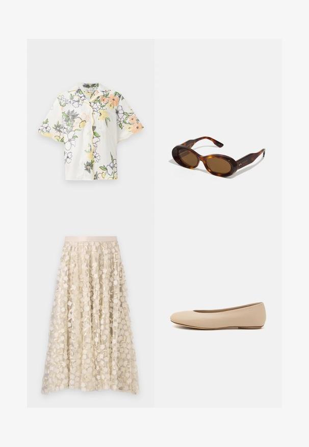 Kurzarm-Hemd in Weiß, verziert mit buntem Floralstickerei in Orange, Gelb und Lila, mit einer kleinen Brusttasche und gelben Akzenten.; Blumenstickerei auf einem transparenten, crèmefarbenen Rock mit einem Satinbund. Das Design zeigt kleine, zarte Blumen und Blätter.; Beige Leder-Ballerina mit runder Zehenform, minimaler Nahtgestaltung, niedrigem Absatz und dezentem Logo auf der Rückseite. Glatte, matten Oberfläche.; Schildpatt-Sonnenbrille mit ovalen Gläsern, braunem Farbton und goldenen Akzenten an den Bügeln. Dicke Rahmen mit glänzender Oberfläche und glatter Textur.