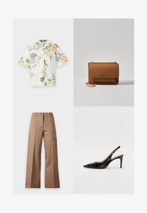 Trumpas rankovės baltas marškinis, papuoštas spalvingais gėlių siuvinėjimais oranžinės, geltonos ir violetinės spalvų, su maža krūtinės kišenė ir geltonu apvadu.; Rudos plačios kojų kelnės, pagamintos iš lygios medžiagos, su priekiniais mygtukais, dviem priekinėmis kišenėmis ir švariomis, pritaikytomis linijomis.; Juodas lakinės odos slingback batelis su smailiu nosiu, plonu kulnu ir subtiliu išpjovos dizainu. Yra auksinė sagtis ant dirželio.; Ruda tekstūruota odinė per petį nešama rankinė su auksiniu grandininiu dirželiu ir užlenkiamo užsegimo. Priekinėje pusėje yra logotipo detalė ir kišenė po užlenkimu.