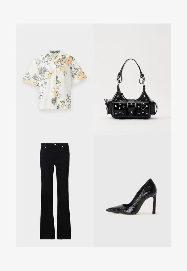 Rāpu krāsas baltā krekla, īsām piedurknēm, rotāts ar krāsainu ziedu izšuvumu oranžā, dzeltenā un violetā krāsā, ar mazu krūšu kabatu un dzeltenu apmalīti.; Melni flared džinsi, izgatavoti no džinsa auduma, ar divām priekšējām kabatām, pogu aizdari un gludu tekstūru. Redzamā veikala šuvju rakstība.; Melni augstpapēžu apavi ar norādītu purngalu, ar krokodila ādas tekstūru, izceļoties ar elegantu dizainu, augstu stiletto papēdi un gludu melnu interjeru.; Melnas ādas rokturmais ar izliekumu, ar sudraba iedurtiem, sprādzi un divām sānu kabatām. Regulējams siksniņas garums dažādām nēsāšanas iespējām.