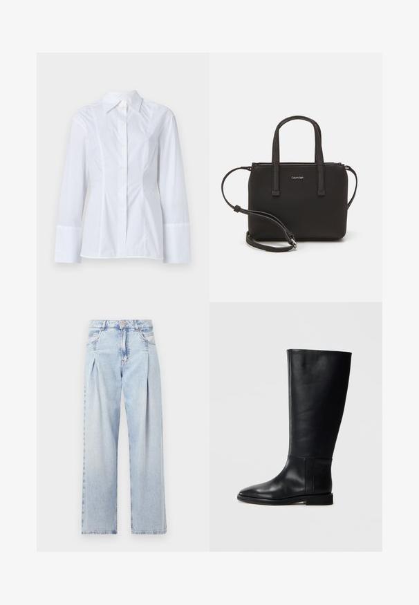 White long-sleeve shirt in cotton fabric, featuring a pointed collar, button front closure, and subtle vertical seams along the front.; Light blue denim jeans with a high waist, wide-leg cut, two side pockets, and pleated design feature. Soft texture with a faded finish.; Black leather knee-high boot with a rounded toe, smooth texture, minimalistic design, and a flat sole. Simple seam details on the shaft.; Black handbag with dual short handles and a removable shoulder strap. Smooth leather-like material with a zip closure and logo detail.