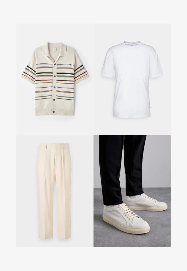 Kratka rokavna jopica iz kremaste pletenine s gumbom, ki ima vodoravne črte v raznolikih barvah ter rebrast ovratnik in manšete.; Bela bombažna majica s krojem ovratnika, kratkimi rokavi in ravnim robom. Ima majhno oznako blagovne znamke na levi stranski šiv.; NN.07 KAY - Hlače - off white; Svetlo bež usnjeni športni čevlji z ravnimi vezalkami, teksturirano površino in kontrastnim smetanastim gumijastim podplatom, v kombinaciji s črnimi oprijetimi hlačami.