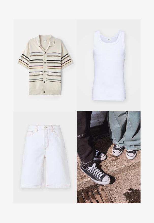 Krátký rukáv, krémový pletený kardigan se zapínáním na knoflík, s horizontálními pruhy v různých barvách a žebrovaným límcem a manžetami.; Bílé bavlněné tílko bez rukávů s kulatým výstřihem, s hladkou texturou a přiléhavým střihem, navržené pro volnočasové nošení.; Bílé džíny šortky s rovný střih, pěti kapsami a kontrastním béžovým prošíváním. Obsahují přední zapínání na knoflík a zip.; Černé plátěné tenisky s nízkým střihem a bílými gumovými špičkami a tkaničkami, v kombinaci s širokými zelenými džínovými kalhotami, ležící na texturovaném kamenném povrchu.