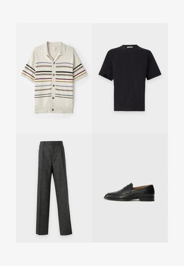 Īsām piedurknēm, krēmkrāsas adīta jakas ar pogu aizdari, kas ieguvusi horizontālas svītras dažādās krāsās un ribota apkakle un piedurknes.; Melna īsām piedurknēm T-krekls, ar apaļu kaklu, izgatavots no gluda kokvilnas auduma. Vienkāršs dizains bez redzamām rakstiem vai akcentiem.; Pelēki piegriezti bikses, izgatavotas no tekstūras auduma, ar diviem priekšējiem krokām un taisnu kāju dizainu. Nav redzamu kabatu vai rotājumu.; Melnas ādas loafers ar noapaļotu purngala formu, smalku izšuvumu un zemu papēdi, piedāvājot gludu tekstūru un minimālistisku dizainu.