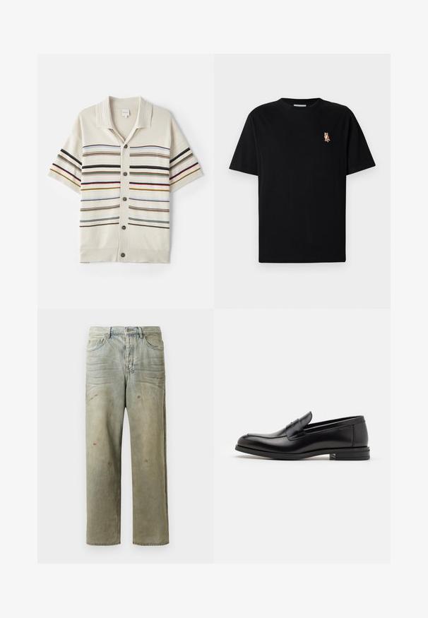 Short-sleeve, cream knit cardigan with button closure, featuring horizontal stripes in varied colors and a ribbed collar and cuffs.; Black short-sleeve crew neck t-shirt with small embroidered orange fox logo on left chest.; Distressed denim jeans in light green, featuring a straight leg, five-pocket design, and uneven fading with paint splatters.; Black leather loafers with a smooth texture, rounded toe, and a decorative strap across the vamp. Low stacked heel, minimalist design.