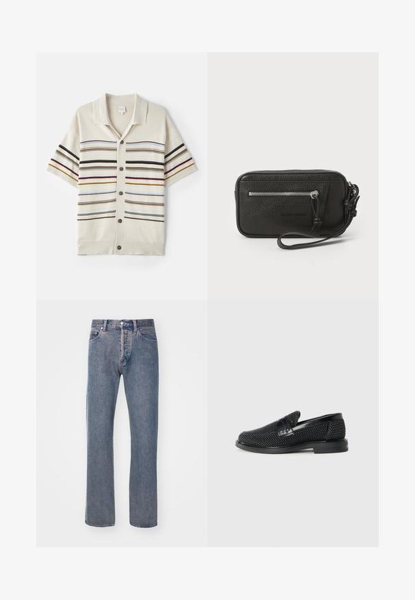 Cardigan corto a maniche corte di maglia color crema con chiusura a bottoni, caratterizzato da righe orizzontali in vari colori e colletto e polsini a coste.; Jeans dritti di colore blu chiaro realizzati in tessuto denim, caratterizzati da un design a cinque tasche, una chiusura con zip e dettagli di cucitura a contrasto.; Scarpa nera a mocassino intrecciata con un accentuato in pelle liscia sulla parte superiore, design a punta rotonda e suola in gomma a profilo basso.; Clutch nera in pelle con superficie testurizzata, tasca frontale con zip e tracolla rimovibile. Presenta una patch con logo sul davanti. Forma rettangolare.