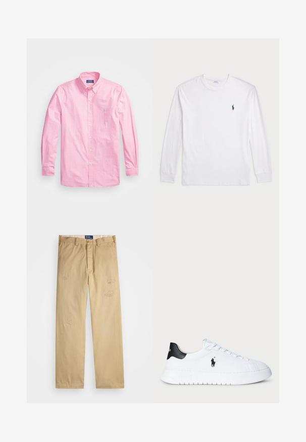 Polo Ralph Lauren - Koszula; Biały t-shirt z długim rękawem wykonany z bawełny. Posiada okrągły dekolt, ściągacze przy mankietach oraz małe granatowe logo polo na lewej piersi.; Beżowe bawełniane spodnie o prostym kroju. Posiadają przetarcia i haftowane detale z przodu. Klasyczne zapięcie na guzik i zamek.; Białe niskie trampki z czarnym futerkiem na pięcie i czarnym logo Polo Ralph Lauren z boku, z białymi sznurówkami i grubą gumową podeszwą.