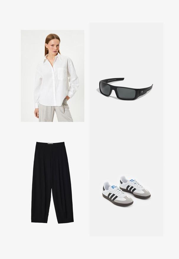 Witte linnen shirt met een knoopsluiting aan de voorkant, lange mouwen en een borstzak. Heeft een klassieke kraag en een ontspannen pasvorm.; Zwarte wijde broek van lichtgewicht stof, met voorplooien, een klassieke tailleband en zijzakken. Soepele textuur.; Sportschoenen met een witte leren bovenkant, grijze suède neus en drie zwarte strepen. Bevat een blauw logo op de tong en een gestructureerde rubberen zool.; Zwarte zonnebril met een rechthoekig frame, donkergrijze glazen en een gladde plastic afwerking. Opvallend logoaccent aan de zijkant.; Zwarte nylon schoudertas met een gebogen vorm, zilveren kettingaccent, afneembaar mini-zakje en verstelbare schouderband; voorzien van het "Steve Madden" logo.