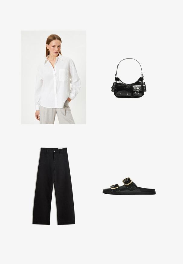 Witte linnen shirt met een knoopsluiting aan de voorkant, lange mouwen en een borstzak. Heeft een klassieke kraag en een ontspannen pasvorm.; Zwarte denim broek met wijde pijpen en een hoge taille, voorzien van voor- en achterzakken, gestikte naden en een knoopsluiting. Gladde textuur.; Zwarte slipper met twee gouden gesps, gladde textuur, platte zool en een minimalistisch ontwerp.; Zwarte laarzen in lakleer met een gebogen vorm, één schouderband, voorvakken en accenten in zilverkleurig metaal.