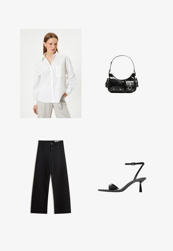 White linen shirt with a button-down front, long sleeves, and a chest pocket. Features a classic collar and relaxed fit.; Black wide-leg denim pants with a high waist, featuring front and back pockets, stitched seams, and a button closure. Smooth texture.; Bershka High heeled sandals - black; Black patent leather handbag with a curved shape, one shoulder strap, front pockets, and silver-tone hardware accents.
