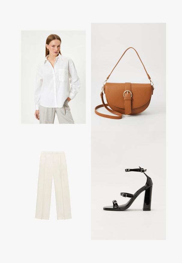 Weißes Leinenhemd mit durchgehender Knopfleiste, langen Ärmeln und einer Brusttasche. Verfügt über einen klassischen Kragen und einen lässigen Schnitt.; Weit geschnittene Hosen in einem hellen cremefarbenen Farbton. Hergestellt aus einem glatten Stoff mit Falten an der Vorderseite und seitlichen Taschen.; Schwarze patentierte Sandalen mit Absatz, quadratischer Spitze, Knöchelriemen und silbernen Schnallen. Mit einem stabilen Blockabsatz für mehr Stabilität.; Braune Leder-Crossbody-Tasche mit geschwungener Form, goldfarbenen Beschlägen und einer Schnallenakzentuierung. Verfügt über einen abnehmbaren Schultergurt.