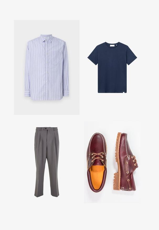 Koszula z długim rękawem, zapinana na guziki, w jasnoniebieskim kolorze, w białe i żółte pionowe paski, z kieszonką na piersi i klasycznym kołnierzykiem.; Granatowa bawełniana koszulka z okrągłym dekoltem, krótkimi rękawami oraz małym haftowanym logo na lewej piersi. Gładka faktura.; Szare plisowane spodnie wykonane z gładkiego materiału, o prostym kroju, z pojedynczym zapięciem na guzik i szlufkami na pasek. Minimalistyczny design.; Bordowe skórzane buty z brązowymi gumowymi podeszwami, okrągły czubek, białe przeszycia i złote oczka. Wnętrze posiada żółtą podszewkę.