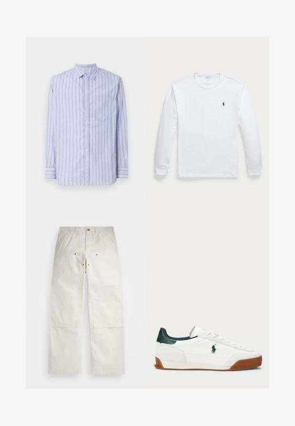 Světle modrá košile s dlouhým rukávem a knoflíkovým zapínáním, s bílými a žlutými vertikálními pruhy, obsahující náprsní kapsu a klasický límec.; Bílý tričko s dlouhým rukávem vyrobené z bavlny, s kulatým výstřihem a malým námořnickým logem na levé hrudi. Hladká textura, jednoduchý design.; Bílé bavlněné kalhoty s volným střihem, předními kapsami, zlatými kovovými detaily a výztuhami na kolenou.; Bílé tenisky se zelenými koženými akcenty a béžovou gumovou podrážkou. Vlastnosti zahrnují textilní tělo a výrazné logo na boku. Šněrovací design.