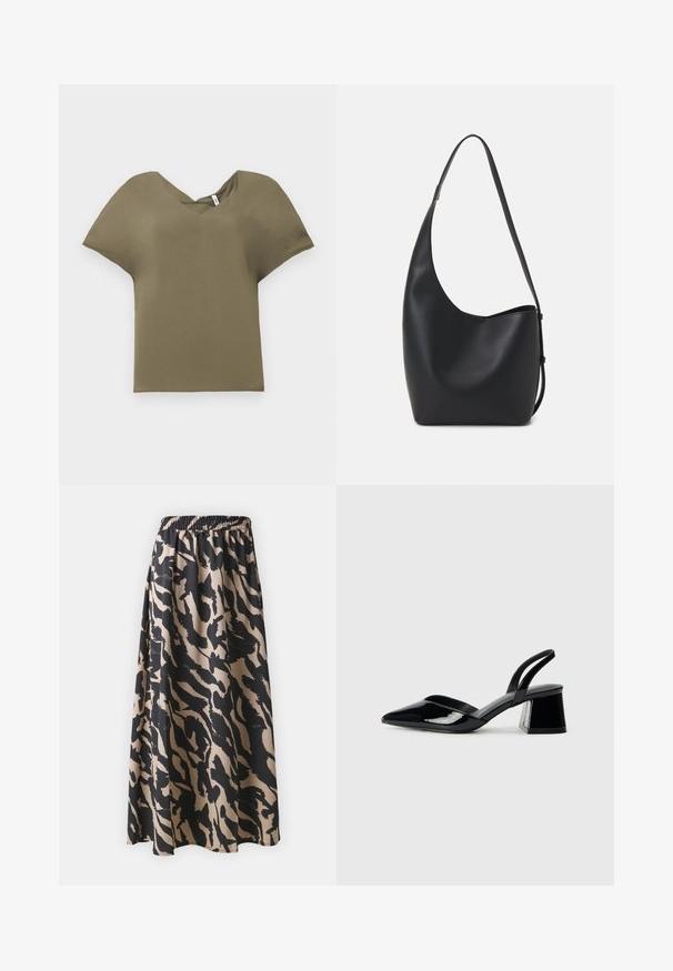 Maslinasto zeleni kratki rukav top s V-izrezom. Izrađen od mekog materijala, s opuštenim krojem i blago zakrivljenim rubom.; Duga crna i bež suknja s elastičnom gumom u struku, koja se ističe apstraktnim uzorkom životinjskog printa i lepršavim siluetom.; Crne lakirane kožne sandale s otvorenom petom i špicastim vrhom, s geometrijskom blok petom. Imaju elegantan, minimalistički dizajn i glatku teksturu.; Crna kožna hobo torba s glatkom teksturom, zakrivljenim oblikom i jednom podesivom trakicom; ima širok otvor na vrhu.
