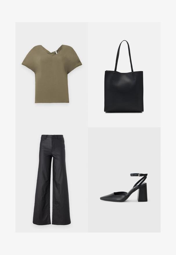 Olajzöld, rövid ujjú felső V-nyakkivágással. Puha anyagból készült, laza fazonú és enyhén ívelt hemzsebes.; Fekete, bő szabású nadrág mesterséges bőrből. Jellemzője a magas derék, övhurkok, két elülső zseb és varrott részletek.; Fekete bőr, hegyes orrú magassarkú cipő boka pánttal és vastag sarokkal. Sima textúra, elegáns dizájn és minimális esztétika.; Fekete bőrtáska sima felszínnel, téglalap alakú, két hosszú füllel. Nincs látható fémkiegészítő vagy díszítés.