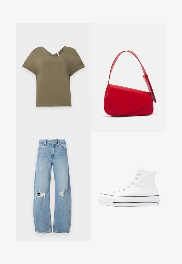 Olive green short-sleeve top with a V-neck design. Made of soft fabric, featuring a loose fit and slightly curved hem.; Light blue, high-waisted jeans made of denim. Feature wide legs, two torn knee areas, and classic five-pocket styling.; White high-top canvas sneaker with black rubber sole, front rubber toe cap, and six eyelets for laces, featuring a clean, minimalist design.; Red leather handbag with an angular, geometric design. Features a single adjustable strap and a flap closure with stitched detailing.