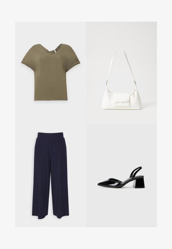 Oliiviroheline lühikeste varrukatega topp V-kaeluse disainiga. Valmistatud pehmest kangast, millel on lõdva istuvuse ja kergelt kõverdatud äär.; Tumed põlvpüksid tumedast meresinisest kangast, millel on sooneline tekstuur. Omab sujuvat vööd ja voolavat siluetti, ulatudes pooleni säärest.; Mustad musta lakknahk kingad, millel on terav varvas ja geomeetriline plokkkonts. Omab elegantselt minimalistlikku disaini ja sujuvat tekstuuri.; Valge sünteetilisest materjalist kott kolmnurkse kujuga, lame esiklapiga ja kaaredetailiga, reguleeritava rihmaga, sileda tekstuuriga ja minimalistliku disainiga.