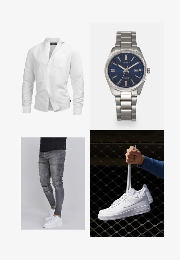 Witte lange mouwen button-up shirt van katoen, met een borstzak, klassieke kraag en standaard pasvorm met een afgeschuinde zoom.; Skinny jeans in vervaagd grijs denim, met versleten details op de knieën, gecombineerd met witte sneakers. Gladde textuur, slank model.; Witte leren sneakers met perforaties, ronde neus, vlakke zool en dikke veters, met een zichtbare swoosh-logo en "AIR" op de hiel.; Zilveren roestvrijstalen horloge met een marineblauwe wijzerplaat, metalen uurmarkeringen en een datumnis op 3 uur. Waterbestendig tot 50 meter.