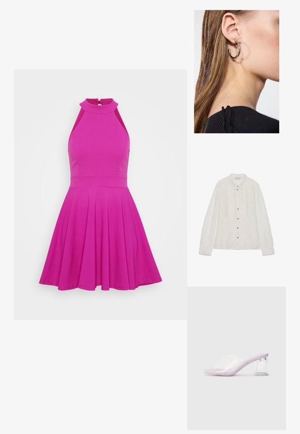 Biała koszula na guziki z teksturowanej tkaniny, w diamentowy wzór, z wywiniętym kołnierzykiem. Posiada srebrne guziki oraz długie rękawy z mankietami.; Dopasowana różowa sukienka z wysokim kołnierzem, bez rękawów i rozkloszowanym dołem. Wykonana z gładkiego materiału bez widocznych wzorów czy elementów metalowych.; Liliowe klapki na obcasie z przezroczystą górą z plastiku i przezroczystym słupkiem. Gładka tekstura, otwarty nos, minimalistyczny kształt.; Torebka z koralikami w żywych kolorach: różowym, pomarańczowym, niebieskim i brązowym. Teksturowana powierzchnia z okrągłymi koralikami i organicznymi kształtami, mocne uchwyty.; Srebrny kolczyk w kształcie koła z polerowanym wykończeniem, z małymi złotymi akcentami, noszony na płatku ucha.