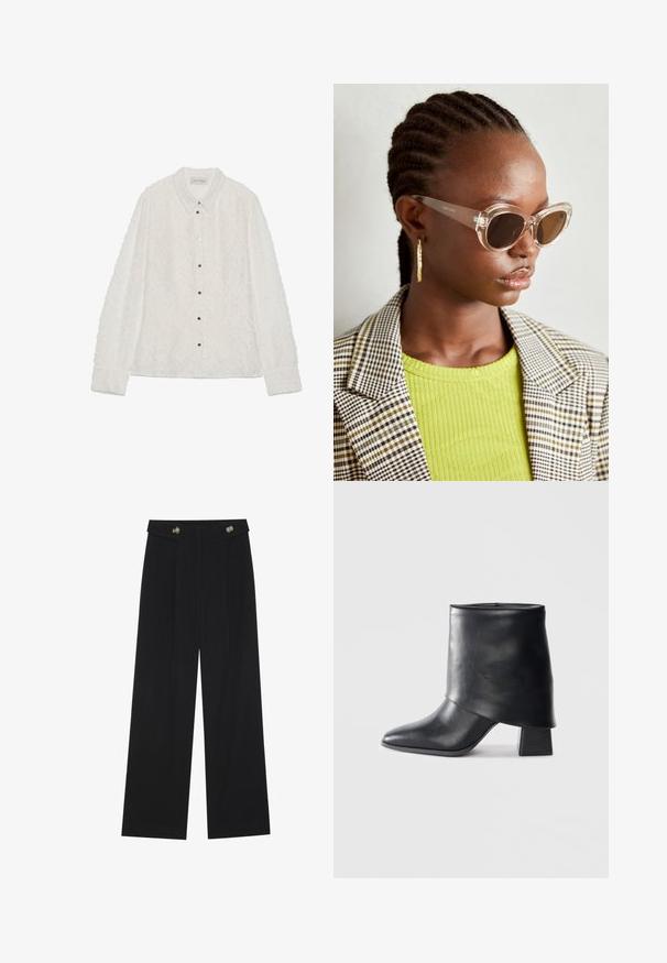 Bela srajca z gumbki, z teksturirano tkanino, diamantnim vzorcem in pomičnim ovratnikom. Ima srebrne gumbke ter dolge rokave z manšetami.; Črne široke hlače s visokim pasom, gumbnimi detajli na pasu in sprednjimi gubami.; Črne usnjene gležnjarje z izostrenim prstom, gladko teksturo in trdnimi blokastimi petami. Imajo visok, zložen manšeti.; Jasnočične sončne očala s svetlo rjavimi lečami in prozornim okvirjem. Model nosi zeleno rebrasto majico in karirasti blejzer. Zlati obročasti uhani.; Črna semiš torbica z gladko teksturo, strukturirano obliko in kontrastnim šivanjem. Ima dolge naramnice za nošenje na rami.