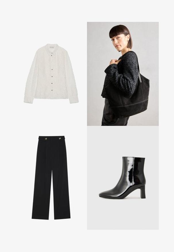 Witte blouse met een textuurstof, diamanten patroon en een spitse kraag. Voorzien van zilveren knopen en lange mouwen met manchet.; Zwarte wijde broek met hoge taille, knoopdetails op de tailleband en plooien aan de voorkant.; Zwarte gepolijste leren enkellaars met een spitse neus en een blokhak van gemiddelde hoogte. Glad textuur en minimalistisch ontwerp.; Zwarte suede schoudertas met een gladde textuur, gestructureerde vorm en contrasterende stiksels. Voorzien van lange hengsels voor schouderdraag.