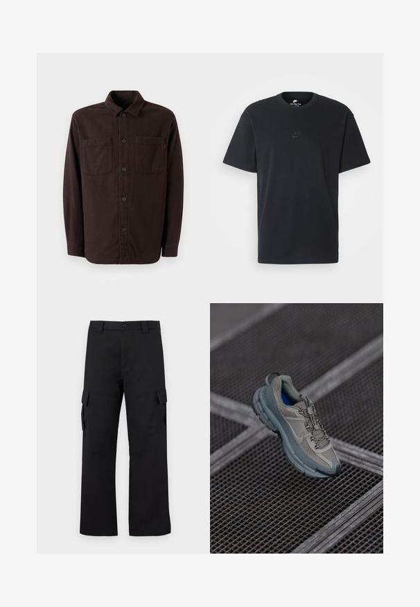 Giacca camicia marrone scuro realizzata in tessuto morbido, con due tasche frontali, chiusura a bottone e un design del colletto classico.; T-shirt in cotone nero della Nike con collo rotondo classico, maniche corte e un logo in rilievo discreto sul petto. Texture liscia.; Pantaloni cargo neri con design a gamba dritta. Realizzati in tessuto resistente, dotati di due tasche laterali con chiusura a pattina e chiusura con bottone.; Scarpe sportive beige e grigie con tomaia in mesh testurizzato, punta arrotondata e suola in gomma, dotate di lacci e colletto imbottito.
