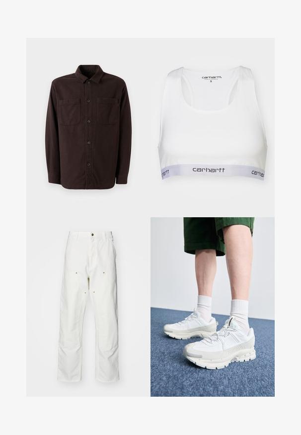 Tmavo hnedá košeľová bunda vyrobená z jemného materiálu, s dvoma prednými vreckami, zapínaním na gombík a klasickým dizajnom goliera.; Biele športové podprsenka s hladkým materiálom, dizajnom s prekríženými ramienkami a šedým elastickým pásom so čiernym logom Carhartt. Veľkosť malá.; Biele bavlnené cargo nohavice s voľným strihom. Medzi vlastnosti patrí predné vrecká, zlaté detaily a zosilnené kolenné časti.; Biele športové topánky s textúrovanými prešívaniami, robustnou podrážkou a sivými akcentami. Nosené s bielymi ponožkami po členky a zelenými šortkami na modrom povrchu.