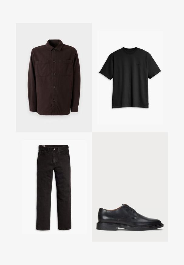 Dark brown shirt jacket made from soft fabric, featuring two front pockets, a button closure, and a classic collar design.; Black cotton t-shirt with a crew neck and short sleeves. Features a subtle front logo and a straight hemline. Simple and minimalistic design.; Black straight-leg denim jeans with five pockets, button closure, and belt loops, laid flat on a white background.; Black leather dress shoe with a round toe, lace-up design, and a low stacked heel. Smooth texture with minimal stitching details.