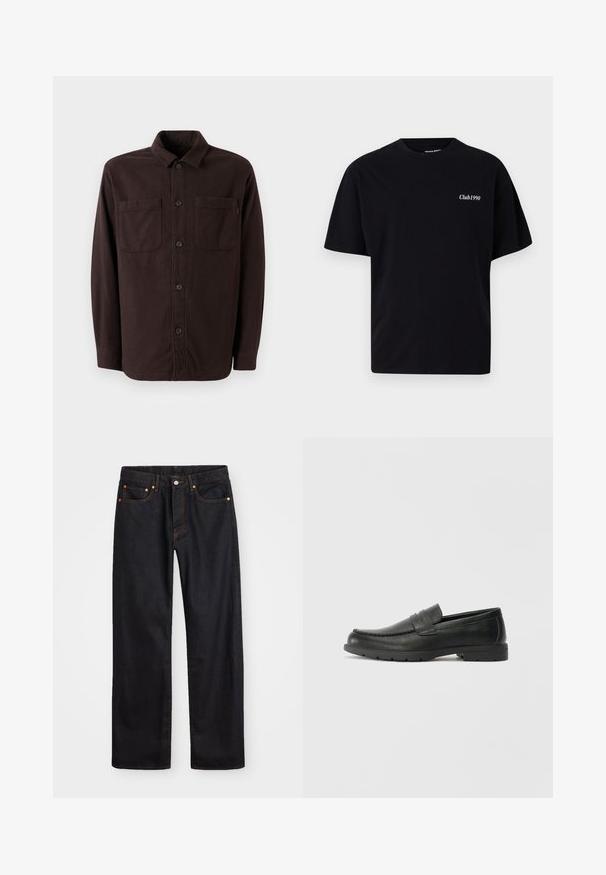 Dunkelbraune Hemdjacke aus weichem Stoff, mit zwei Vordertaschen, einer Knopfleiste und einem klassischen Kragen-Design.; Schwarzes Baumwoll-T-Shirt mit Rundhalsausschnitt und kurzen Ärmeln. Mit weißem Text 'Club1990' im linken Brustbereich. Einfaches, unauffälliges Design.; Herren gerade geschnittene schwarze Jeans aus Denim mit fünf Taschen und orangefarbenen Nähten, Knopf- und Reißverschluss vorne am Bund.; Schwarze Lederloafers mit glatter Oberfläche, Mokassin-oberteil, genähten Details und Gummisohle. Klassisches Design mit niedrigem Absatz.