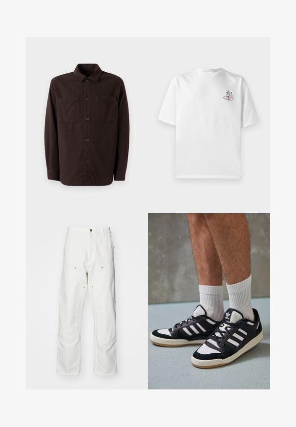 Temno rjava srajčna jakna iz mehke tkanine, ki ima dva sprednja žepa, zapiranje na gumb in klasičen ovratnik.; Bela bomba majica s kratkimi rokavi, ki vsebuje majhen grafični motiv kave v roza in črni barvi na levem prsnem delu.; Bela bombažna cargo hlače z udobnim krojem. Značilnosti vključujejo sprednje žepe, zlato poudarjeno kovinsko opremo in ojačane kolenske dele.; Črno-bele superge z zgornjim delom iz usnja in nubuka, ki imajo tri bele črte, perforiran vrh prstov in podplat iz gume.