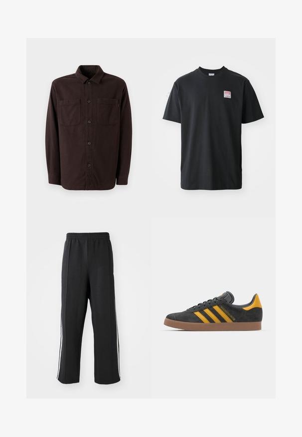 Dark brown shirt jacket made from soft fabric, featuring two front pockets, a button closure, and a classic collar design.; Black cotton t-shirt with a crew neck, short sleeves, and a small colored label on the left chest featuring the word "SUPERIOR."; Black sweatpants with an elastic waistband, featuring white side stripes and a relaxed fit. Made from soft, stretchy fabric.; Black suede sneaker with yellow accents, featuring three stripes and a brown rubber sole. Includes a padded tongue for comfort.
