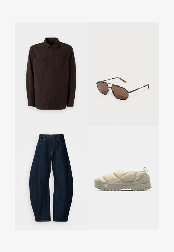 Tmavě hnědá košile s kabátovým střihem vyrobená z měkké látky, se dvěma předními kapsami, zapínáním na knoflík a klasickým límcem.; Tmavě modré džíny z denimu s širokým střihem, které mají výrazné švy, pět kapes a mosazné zapínání v pase.; Prošívaná béžová slip-on obuv s šedou Vibram podešví, zaoblený tvar a zadní poutko. Obsahuje logo na boku a texturovaný svrchní povrch.; Hnědé osmiúhelníkové sluneční brýle s tenkým černým kovovým rámem, doplněné hnědými stranicemi. Tmavé tónované čočky poskytují UV ochranu.