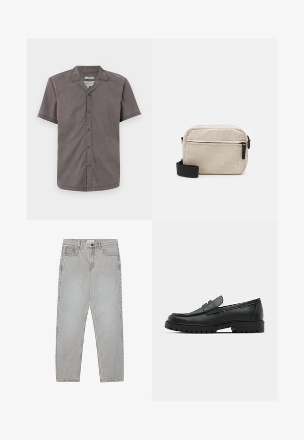 Korte mouwen knoopshirt in donkergrijs, gemaakt van zachte stof. Voorzien van een kampkraag en vijf knopen aan de voorkant. Glad textuur en relaxte pasvorm.; Lichtgrijze denimbroek met een recht model, vijfzakkenstijl en een knoopsluiting. Zichtbare stiksels langs de naden.; Zwarte leren instappers met een ronde neus, voorzien van een gestikt ontwerp, een lage platformzool en een gestructureerde, grof rubberen buitenzool.; Crème-kleurige corduroy schoudertas met een zwarte rits, afneembare schouderband en een gestructureerd patroon. Bevat één hoofdcompartiment en een voorvak.
