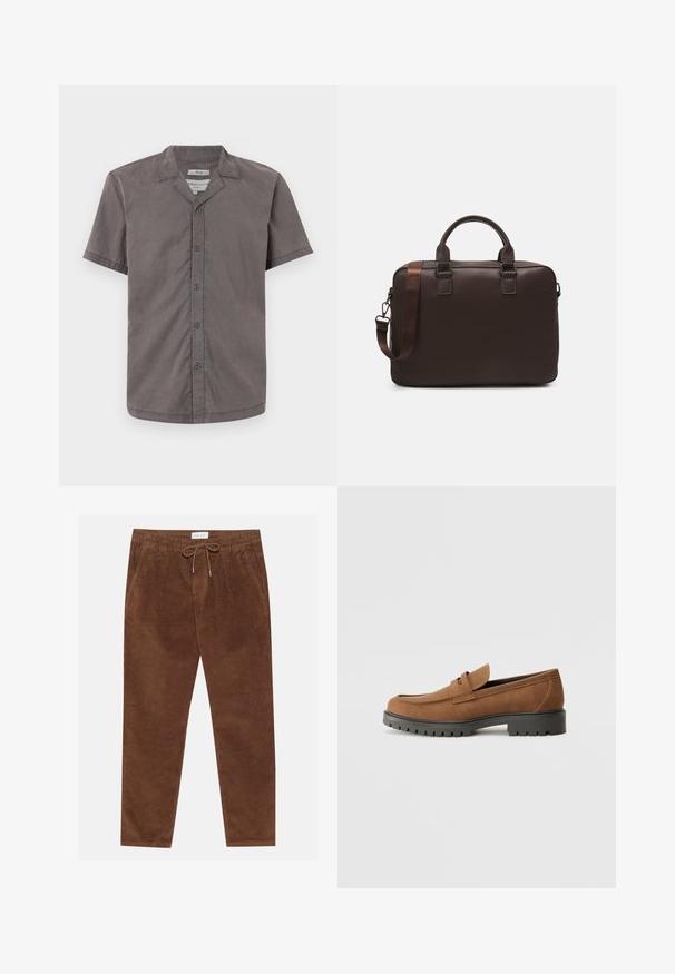Koszula z krótkim rękawem, zapinana na guziki, w ciemnoszarym kolorze, wykonana z miękkiej tkaniny. Posiada kołnierz typu camp oraz pięć guzików z przodu. Gładka tekstura i luźny krój.; Pier One - Spodnie materiałowe; Brązowe zamszowe mokasyny z zaokrąglonym noskiem i niską czarną gumową podeszwą, z dekoracyjnym paskiem i detalami ściegów na cholewce.; Brązowa skórzana torba na laptopa z teksturowaną powierzchnią, podwójnymi uchwytami na górze, regulowanym paskiem oraz dwoma przednimi klamrami dla dodatkowego stylu.